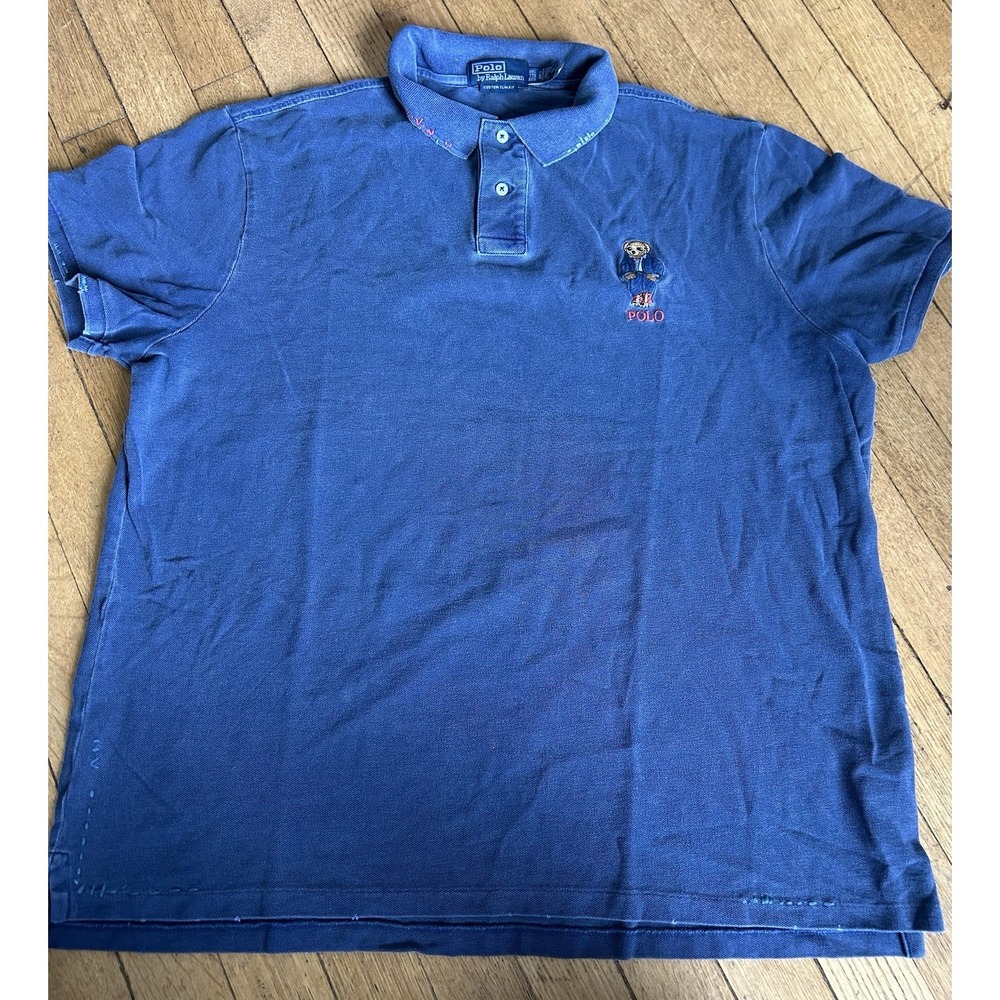 Ralph Lauren Polo Shirt Bear Logo Blue Custom Slim Fit Size XXL 2X Embroidered